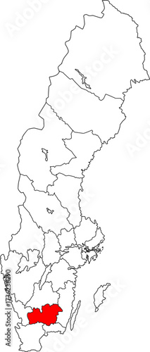 Detailed vector map of Sweden highlighting Kronoberg County (Kronobergs län), a southern region famous for its dense forests and historical crystal glass industry.

