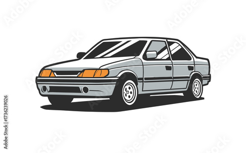 This artwork features a classic sedan with a sleek, rounded shape and stylish headlights. It represents timeless automotive design with bold lines and a minimalist style.