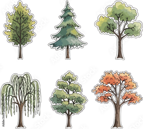 A collection of six distinct watercolor illustrations depicting various tree types, including deciduous and coniferous, with green and autumnal foliage, isol...