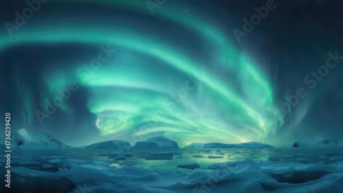 Aurora borealis over icy landscape