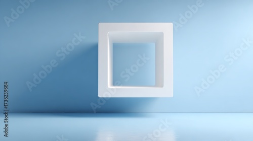 A minimalist 3d render of a hollow white cube floating in the center of a light blue studio with a soft shadow cast on the wall and a reflective surface below