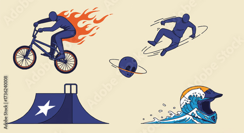 Flat vector depicting the thrill of BMX extreme sports, featuring a fiery bike, a star-decorated ramp, a dynamic stunt orbit, and a stylish helmet with a wave.