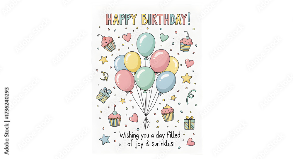 Obraz premium Cute Pastel Birthday Card with Playful Cartoon Doodles