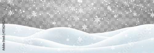 Vector heavy snowfall with snowbanks field. Snow landscape decoration, frozen hills isolated on png background. Snow flakes, snow and blizzard falling on snowdrifts. Christmas vector illustration
