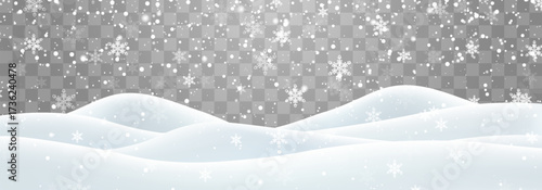 Vector heavy snowfall with snowbanks field. Snow landscape decoration, frozen hills isolated on png background. Snow flakes, snow and blizzard falling on snowdrifts. Christmas vector illustration