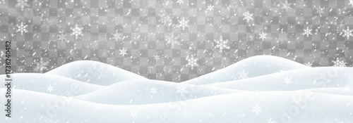 Vector heavy snowfall with snowbanks field. Snow landscape decoration, frozen hills isolated on png background. Snow flakes, snow and blizzard falling on snowdrifts. Christmas vector illustration