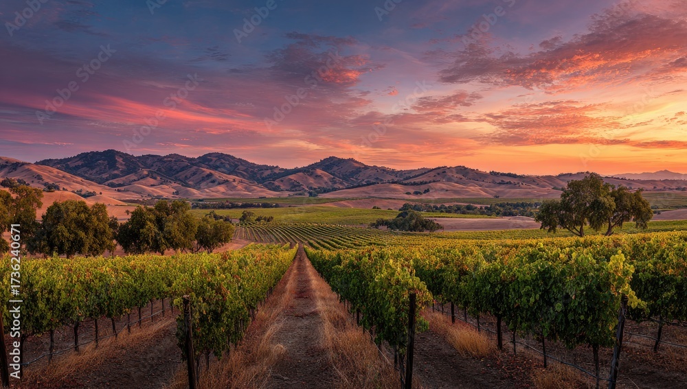 Naklejka premium Vineyard landscape at sunset with rows of grapes, mountains, and vibrant sky