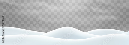 Vector snowdrifts isolated on png background. Snow landscape decoration, frozen hills. Empty snowbanks field. Christmas vector illustration. Transparent background.