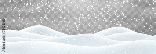 Vector heavy snowfall with snowbanks field. Snow landscape decoration, frozen hills isolated on png background. Snow flakes, snow and blizzard falling on snowdrifts. Christmas vector illustration