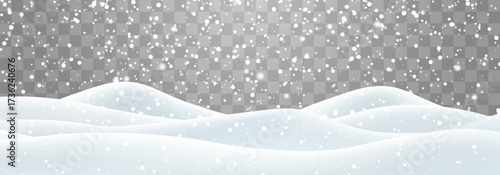 Vector heavy snowfall with snowbanks field. Snow landscape decoration, frozen hills isolated on png background. Snow flakes, snow and blizzard falling on snowdrifts. Christmas vector illustration