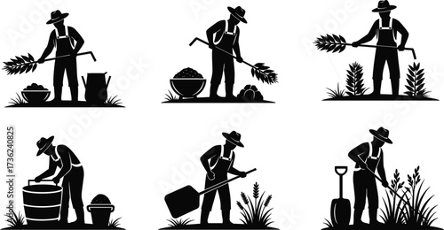 Silhouette vector illustration of farmers working in fields with tools, harvesting crops, planting, and gardening, suitable for agriculture and farming design.