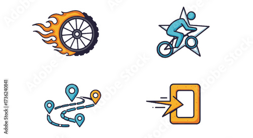 Vibrant vector illustration showcasing unique mountain biking icons including a flaming wheel, a star-like rider, an orbital path, and an arrow-shaped frame, representing speed and adventure.