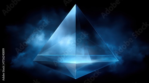 Abstract Pyramid Illuminated with Blue Light in the Darkness