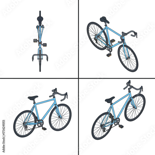 Road Bike or Bicycle Vector Set in Different Views (Top, Side, Isometric)