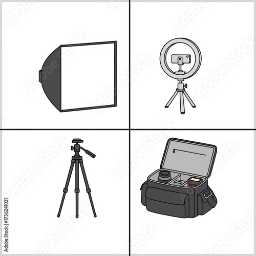 Photography and Videography Equipment Icon Set (Softbox, Ring Light, Tripod)