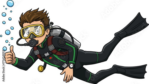 Scuba diver underwater cartoon illustration, snorkeling gear, oxygen tank, wetsuit, fins, mask, bubbles, thumbs up gesture, aquatic adventure, marine exploration, underwater sport, diving equipment