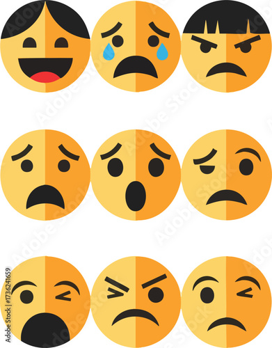 A collection of nine yellow emoji faces expressing various emotions, including happiness, sadness, anger, surprise, and confusion.