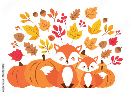 Illustration of foxes with pumpkins and fall leaves for wallpaper background card or social media