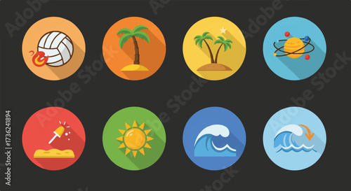 Energetic flat vector sport icons showcase beach volleyball flame, tropical palm star, sun orbit, and wave arrow, embodying summer, competition, and adventure for athletic branding.