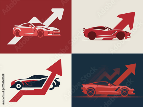 Four dynamic car designs illustrate the growth in automotive performance and style. Each design features a sleek car alongside rising arrow graphics, symbolizing progress.