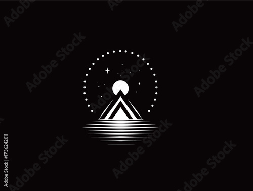 A black background features a white mountain outline with a sun rising behind it. Stars are scattered in the sky, adding to the serene atmosphere.