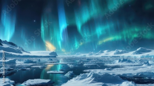 Aurora borealis over icy landscape (1)