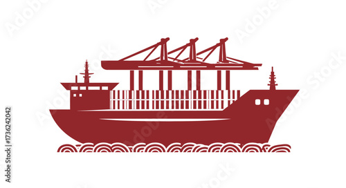 Large cargo ship with multiple cranes is docked in a busy harbor, actively loading and unloading containers. The scene shows maritime logistics in action.