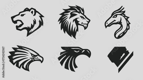 Powerful wild animal head vector designs: bear, lion, eagle, and mythical creature emblems for logos and mascots.
