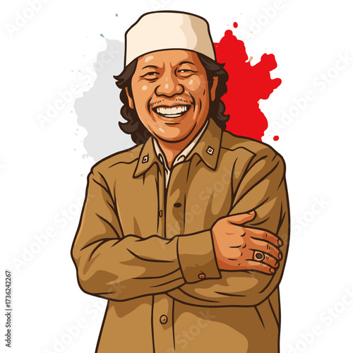 Cheerful Indonesian Man with White Peci and Arms Crossed Cartoon