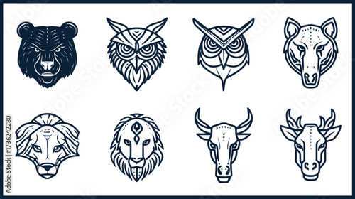 Geometric Animal Head Vector Icons Set: Stylized Bear, Owl, Lion, Bull, Deer, and Wild Canine in Outline Art for Logo & Mascot Design