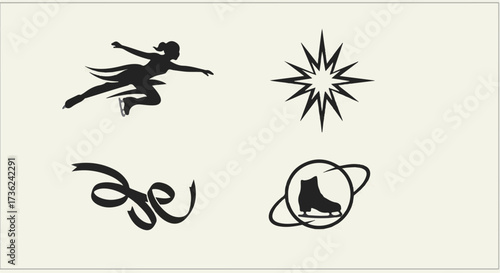 Minimalist vector icons capture the elegant motion of figure skating through abstract shapes like a fiery silhouette, a sparkling spin star, a flowing ribbon wave, and a graceful skate orbit.