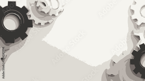 Abstract mechanical background with various grey gears and cogs forming a frame, symbolizing technology, industry, precision, and connection.