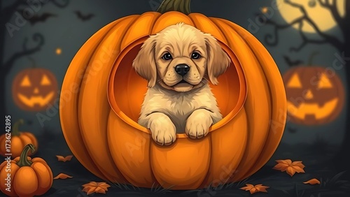 Adorable Puppy Sitting Inside Carved Pumpkin with Jack-O'-Lanterns and Full Moon in Cute Halloween Scene