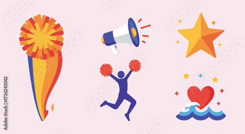 Vibrant flat vector illustration set features a dynamic cheerleading pompom, star megaphone, energetic jumping silhouette, and a graceful heart wave, ideal for sports and celebration themes.