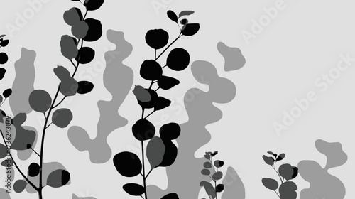 Minimalist black and white eucalyptus branches and soft shadows on a light grey background, elegant botanical illustration, modern design element