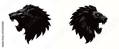 This artwork features two striking lion head silhouettes in black. Each lion displays an intense expression, symbolizing strength and courage.
