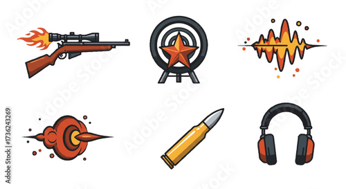 Modern vector icons illustrating shooting sports safety, precision, and action, featuring a rifle muzzle flame, a star target, a dynamic bullet wave, and essential ear protection.