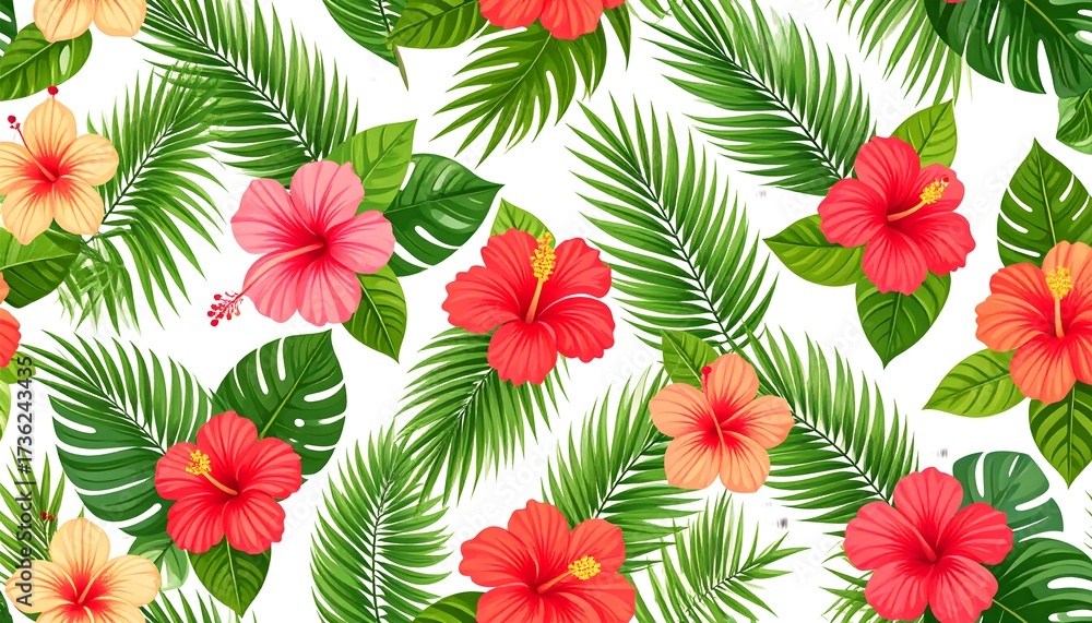 Seamless palm leaves and hibiscus pattern, tropical vector style