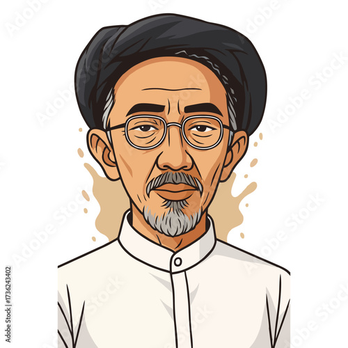 Cartoon Style Detailed Portrait of an Asian Elderly Man Illustration