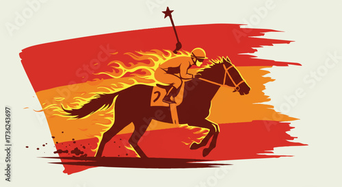 Dynamic horse racing jockey powerfully galloping with a flaming whip, a bright star, and a race flag, encircled by a kinetic orbit in a vibrant vector illustration.