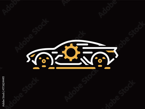 A sleek design of a car silhouette is combined with a gear symbol, showcasing motion and mechanics on a black background, emphasizing automotive themes and innovation.