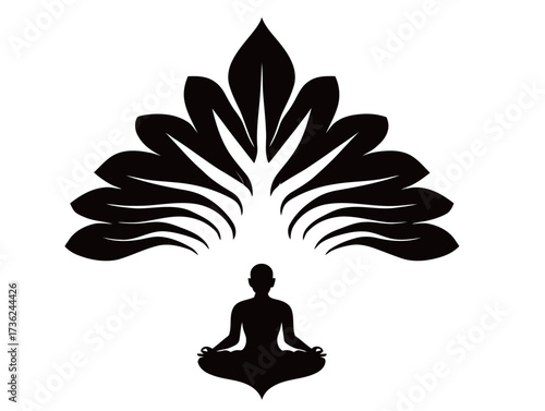 A calm figure sits in a meditative pose at the center, surrounded by flowing leaves that create a soothing atmosphere. The design emphasizes peace and tranquility.
