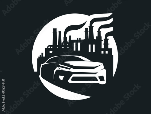 A sleek car is shown in silhouette, driving past an industrial factory with billowing smoke, creating a dramatic night atmosphere.