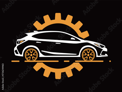 The design features a sleek car silhouette in white with orange accents, set against a black background, complemented by a gear motif, symbolizing automotive engineering.