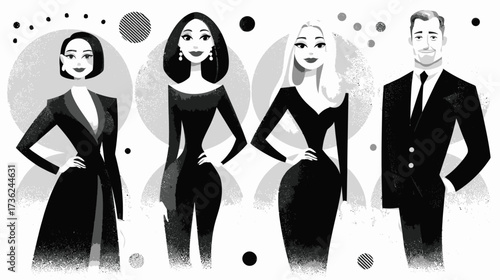 Stylish diverse group illustration of elegant professional adults in formal black attire, representing business, fashion, and sophistication.