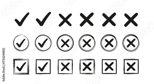 Collection of Hand Drawn Check Mark and Cross Symbols in Various Shapes and Styles