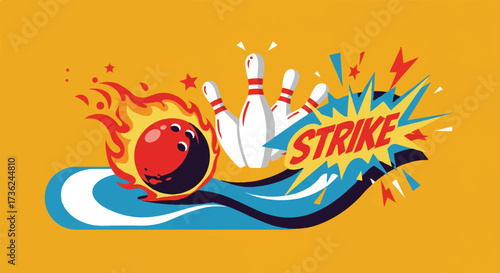 Dynamic flat vector illustration portrays a flaming bowling ball racing down a stylized alley, striking star-adorned pins with powerful lightning.