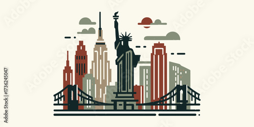 Dynamic vector illustration capturing the essence of a bustling metropolitan skyline, featuring recognizable historic monuments and modern city structures, perfect for travel inspiration