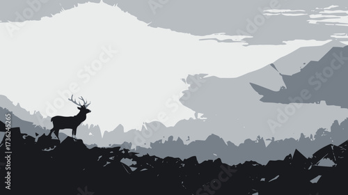 Majestic stag with prominent antlers on a rocky peak, overlooking a vast monochrome mountain range and forest wilderness. Vector illustration.