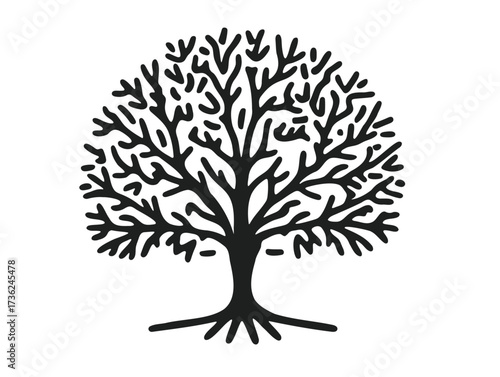 A stunning tree silhouette with intricate branch details stands tall. This design could be perfect for logos, wall art, or nature-inspired projects.